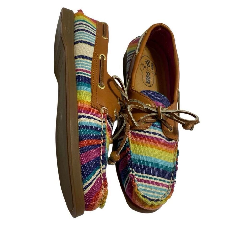 Sperry Rainbow Striped Canvas Boat Shoes with Tan Leather Trim
